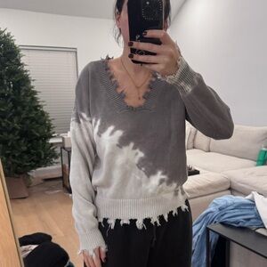 Gray and White Frayed Women's Sweater